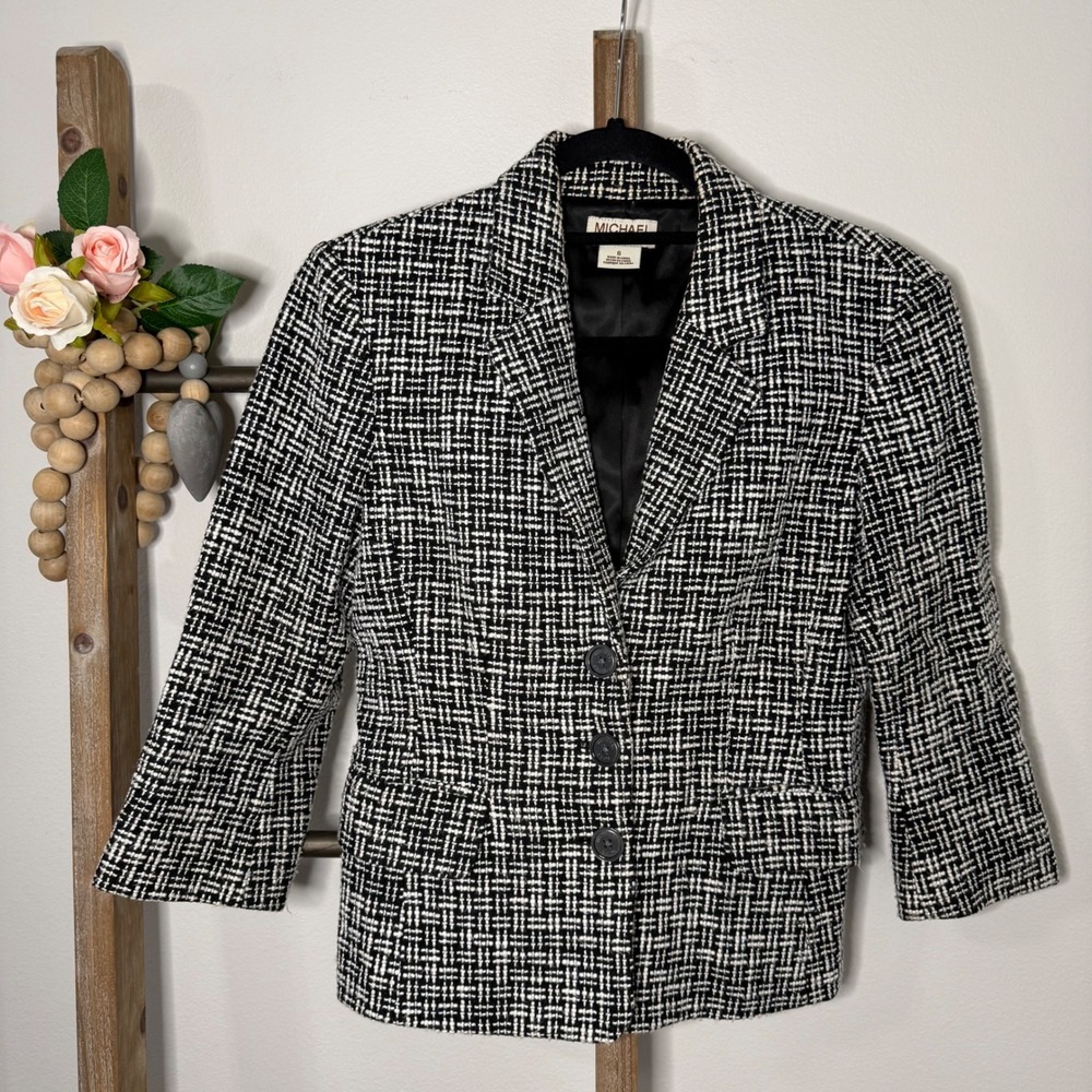 Michael Kors Black White Tweed Blazer Jacket Three Button Pocketed Size 6 - Picture 2 of 10